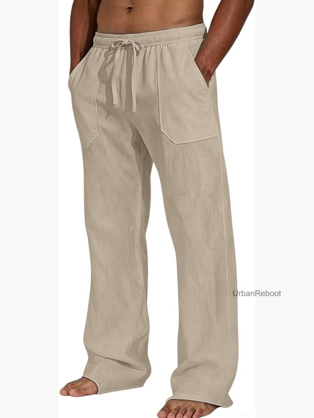 Cotton Linen Casual Pants Elastic Waist Drawstring Loose Straight Leg